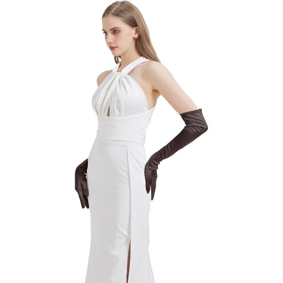 Women's Brown Long Imported Satin Elbow Length Halloween Cosplay Opera Gloves - Picture 2 of 7